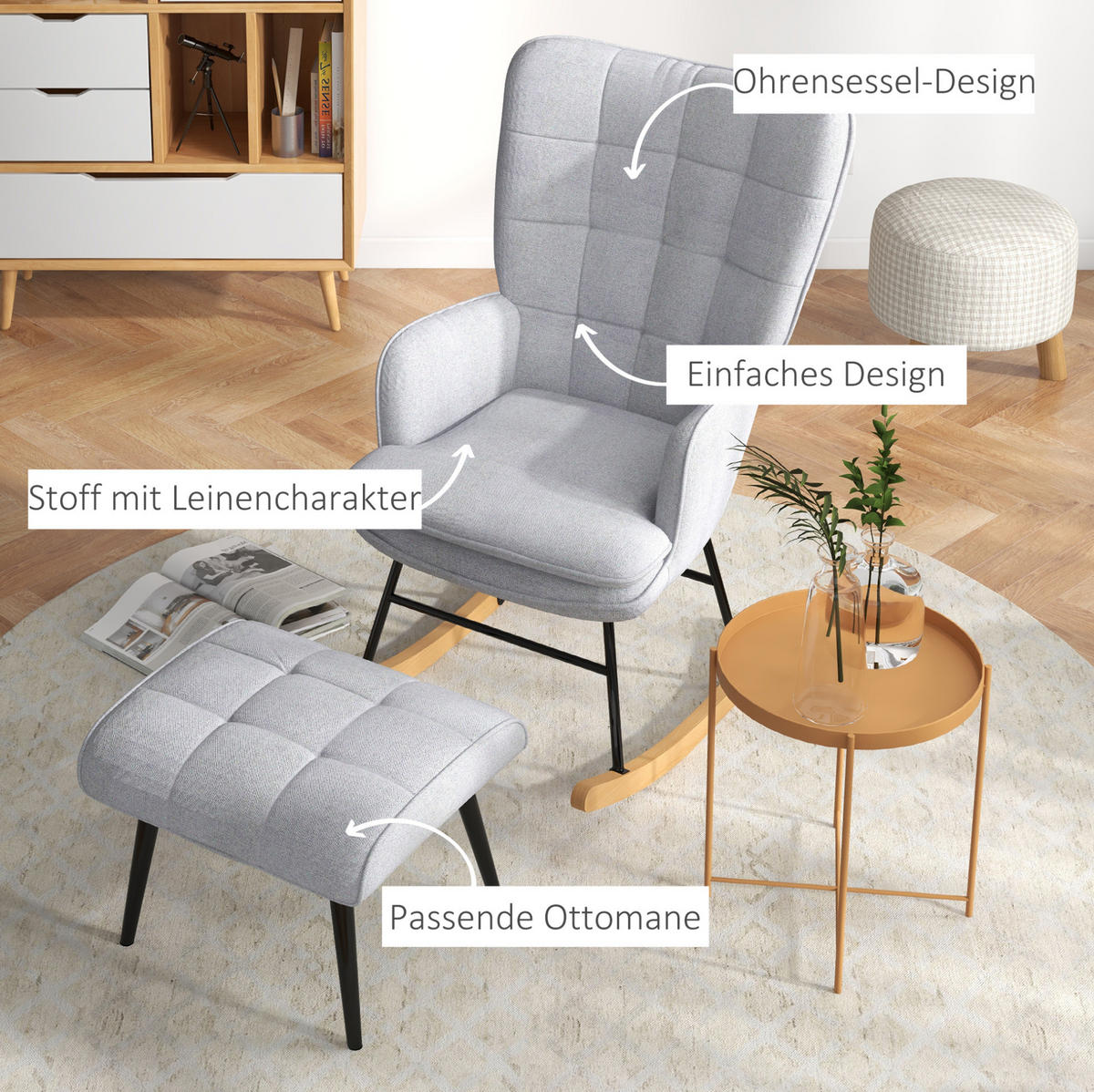 SCHAUKELSTUHL Set mit Hocker Polyesterbezug, Metallgestell 64/89/90 cm Hellgrau - Hellgrau, Textil (89/90/64cm) - Redom