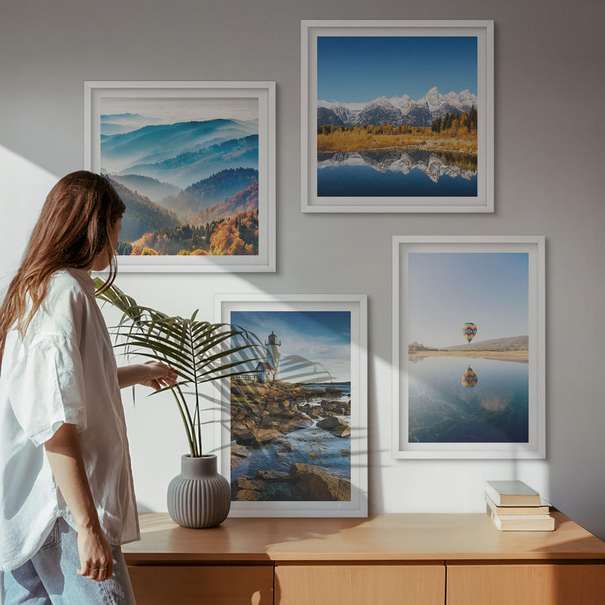 BILDER SET 4er Set - 50x50 cm & 40x60 cm Weißer Rahmen - Ausblicke auf die Natur, Leuchtturm, Berge - Weiß, Kunststoff (50/50cm) - TULUP