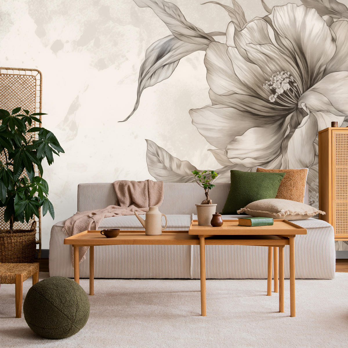 FOTOTAPETA Pre Spálňu Jemné Béžové Kvety Minimalizmus Moderná 350 x 256 cm - béžová, papier (350/256cm) - Muralo