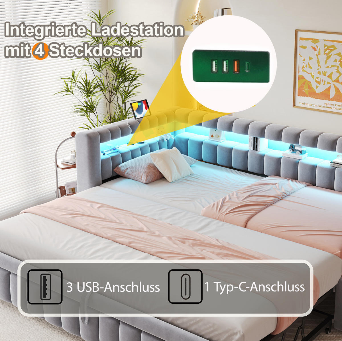POLSTERBETT 90/200 cm aus Samt mit LED-Beleuchtung und Ladeanschluss, Hellgrau - Hellgrau, Textil (90/200cm) - OKMYHOME