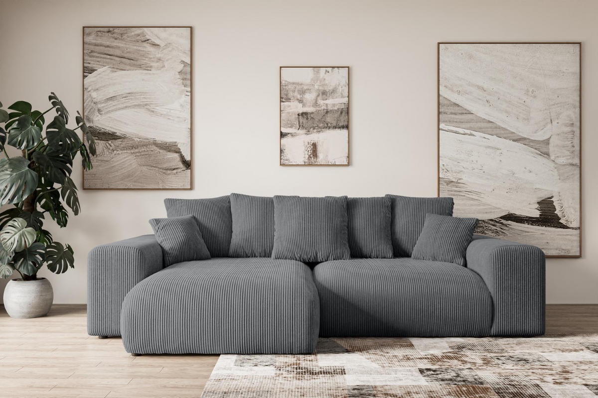 ECKSOFA mit Schlaffunktion und Bettkasten ESKAR-L 256x165x84cm Grau Cord - Dunkelgrau/Schwarz, Holzwerkstoff/Kunststoff (256/165cm) - ALTDECOR