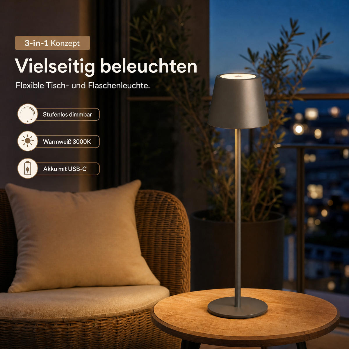 LED Tischlampe 3 in 1 Grau max. 45cm hoch - Grau, Kunststoff (11/11/45cm) - Northpoint