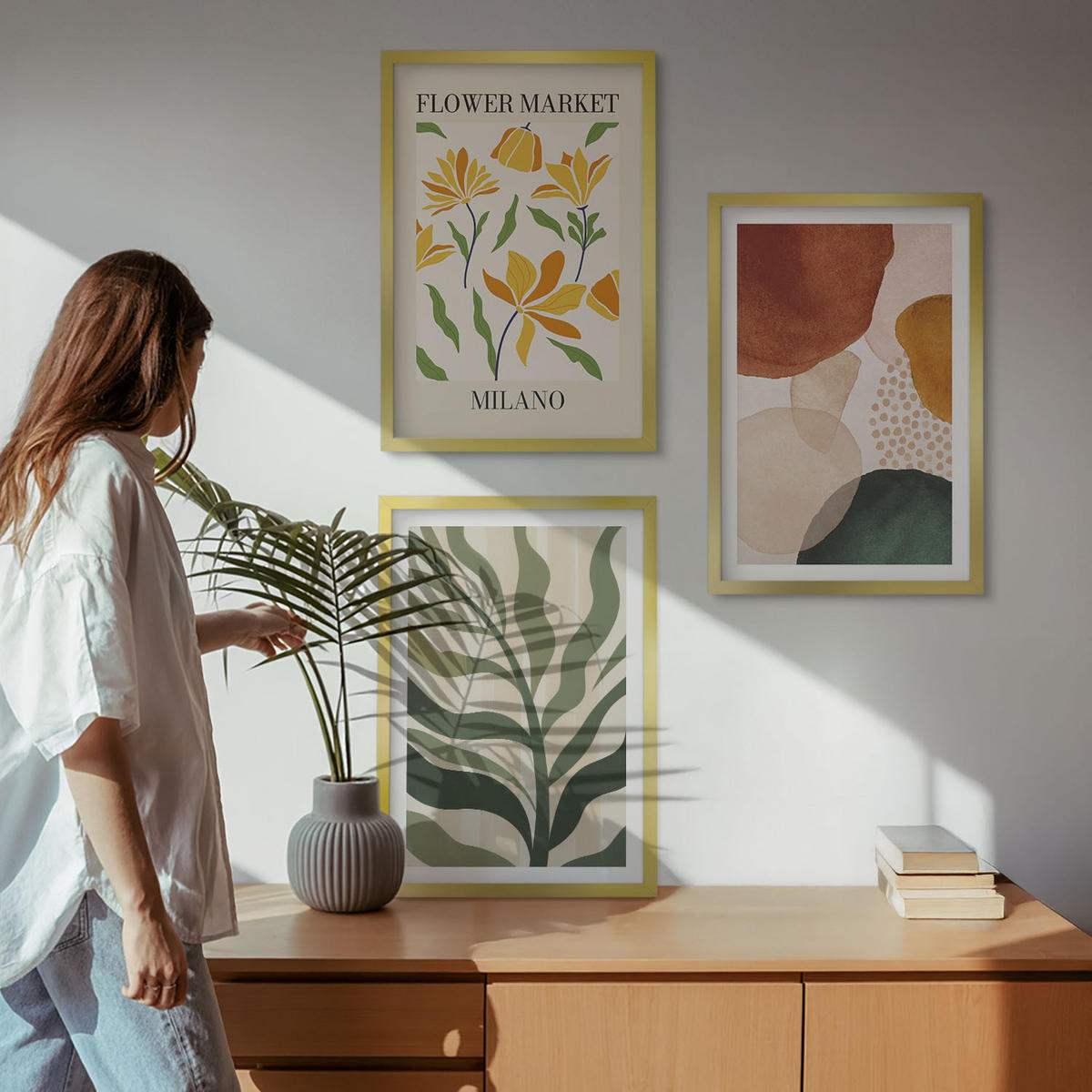 WANDBILDER 3er Set - 40x60 cm Goldrahmen - Florale abstrakte Formen - Goldfarben, Kunststoff (40/60cm) - ArtPrintCave