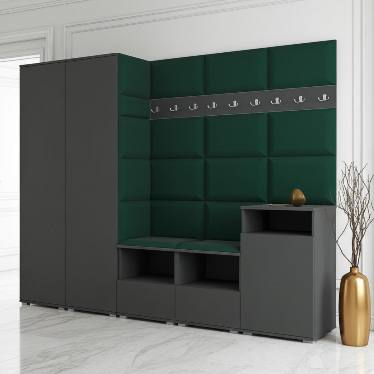 GARDEROBE NELA VIII 250 cm (Modulare Flurmöbel Graphit mit Sitzpolster Flaschengrün 28 2 Schränke + Sideboard) - Dunkelgrün/Silberfarben, Holz/Holzwerkstoff (250/187/40cm) - Ravio