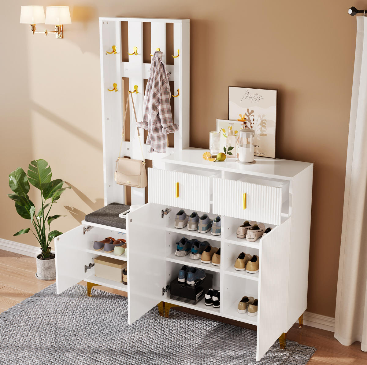 DIELENGARDEROBE in Weiß mit Sitzbank und Schuhschrank, B/T/H ca. 143,5/35,2/180,5 cm - Weiß, Holzwerkstoff (83/101/35cm) - BEAOK