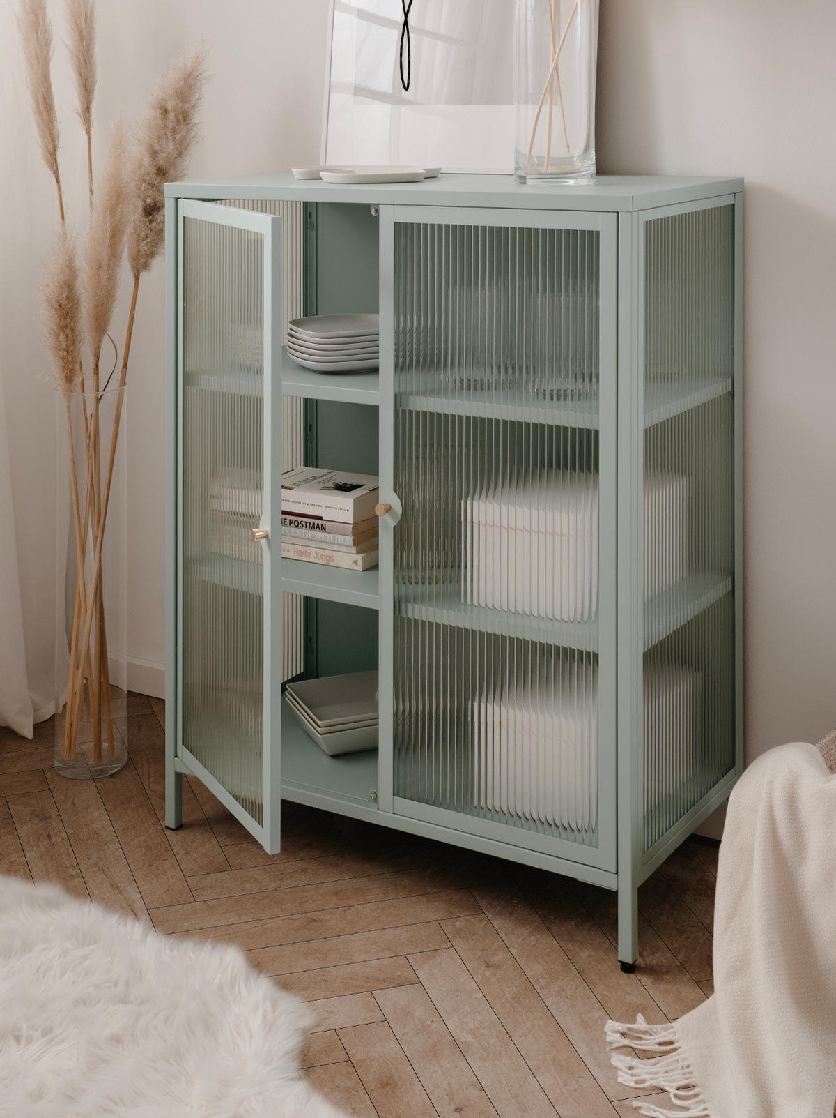 KOMMODE Metall mintgrün 80 cm, Vitrine mit stabilem Metallgestell - Goldfarben/Mintgrün, Glas/Metall (80/101.5/40cm) - Furn.Design