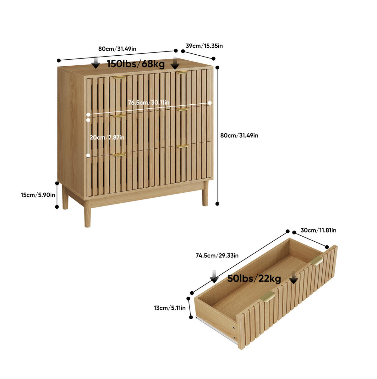 KOMMODE aus MDF und Spanplatte 80x39x80 cm Eichefarben mit 3 Schubladen und Lamellenfront - Nussbaumfarben, Holzwerkstoff (80/80/39cm) - Modfu