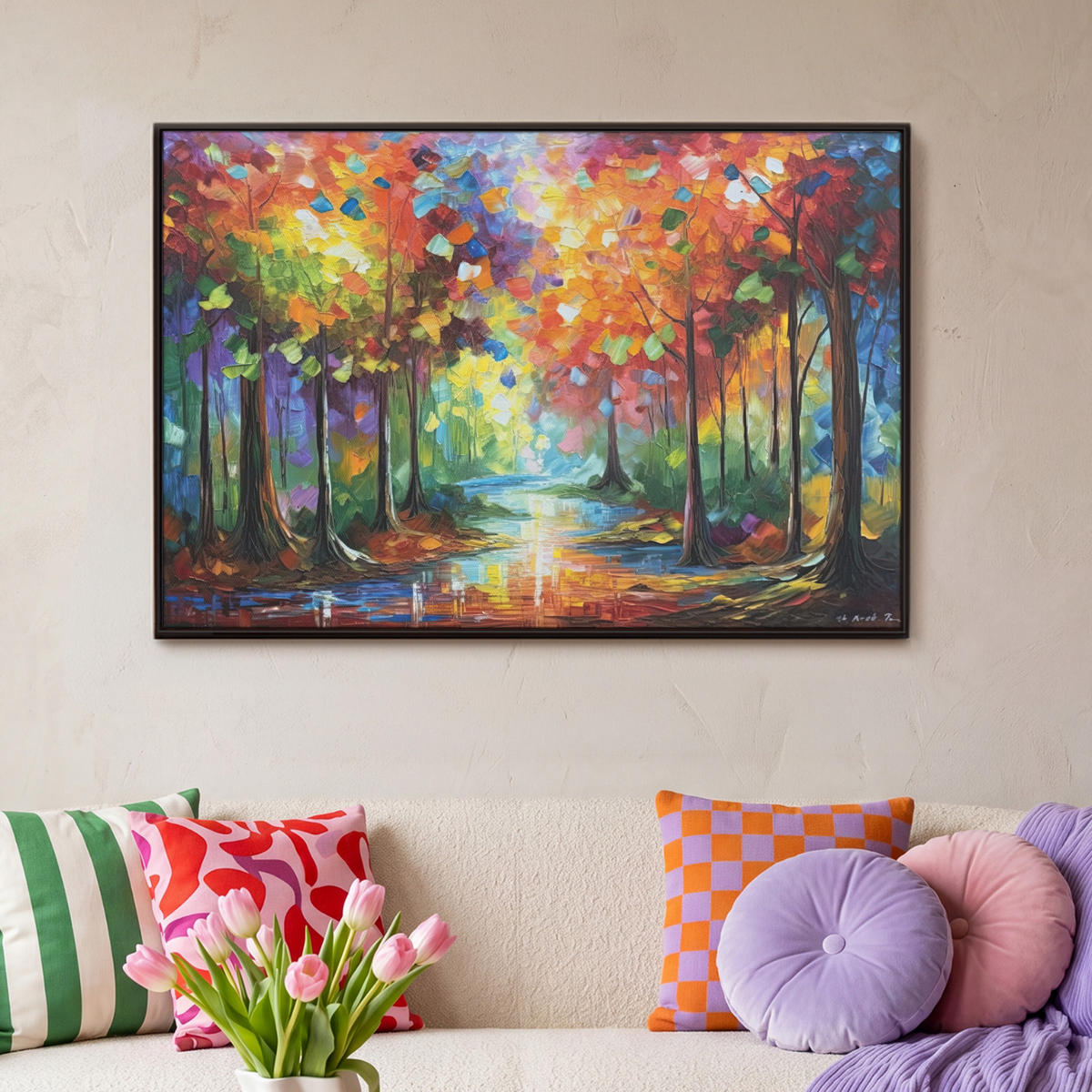 LEINWAND Bilder mit Rahmen - Landschaft - Wald - Farben - Natur - 90x60 - Multicolor, Textil (90/60cm) - MuchoWow