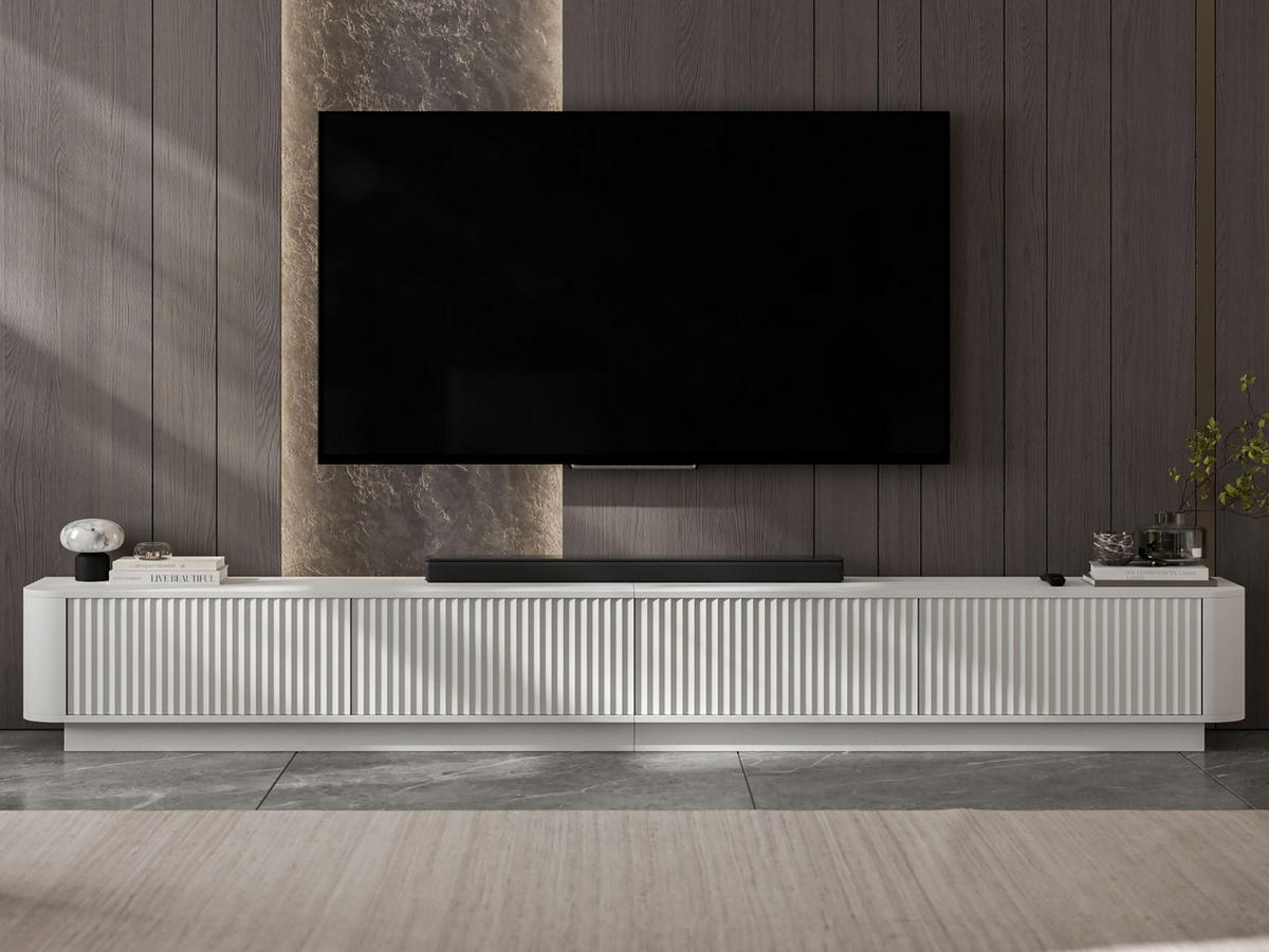 TV omarica Aurora, komplet 2 kosov s podstavkom, mat bela, 280 cm - bela, leseni material (280/37/35cm) - Meble Lindner