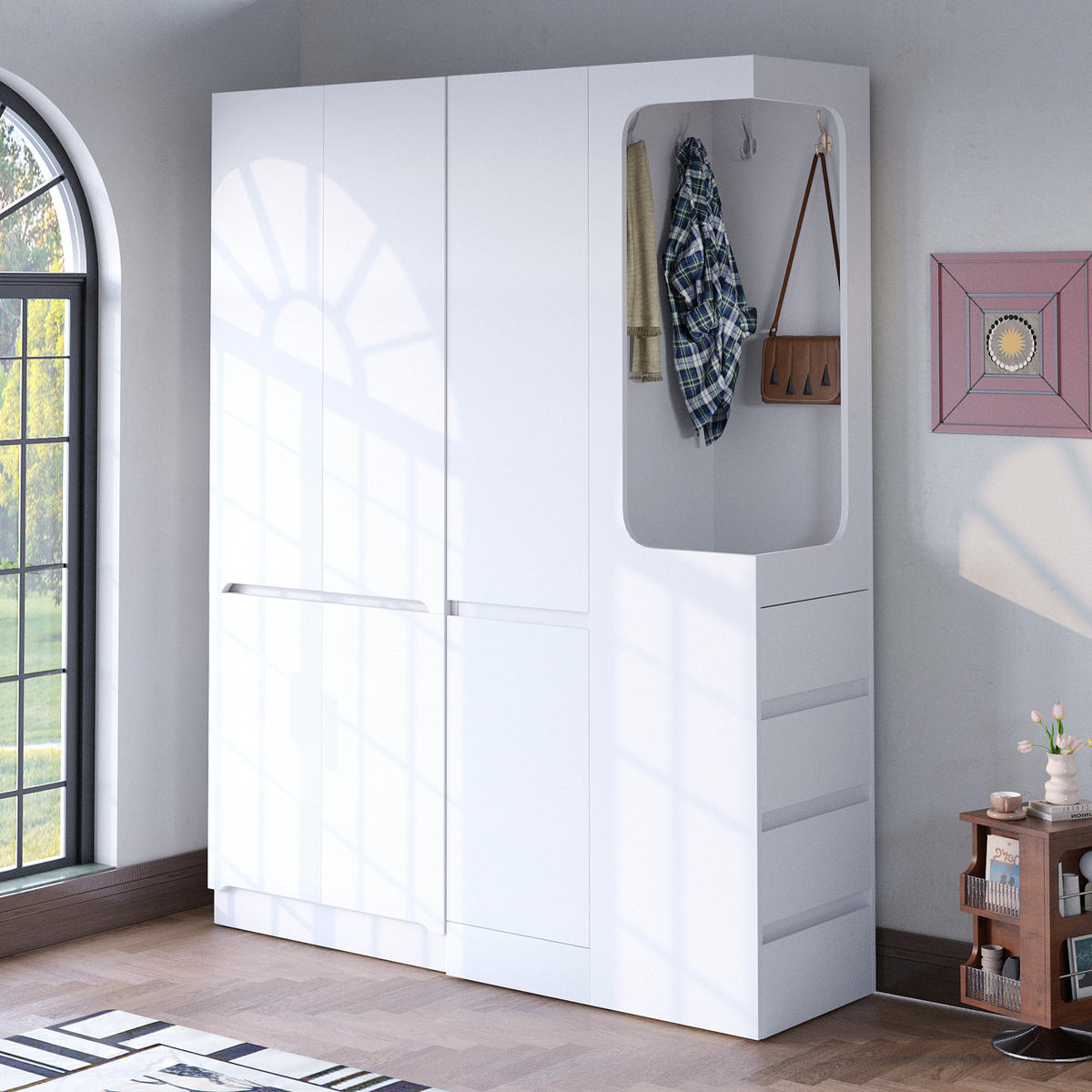 KLEIDERSCHRANK 140x40x170cm Schubladen Stauraum Weiß Rechts - Weiß, Holz (140/170/40cm) - FLIEKS