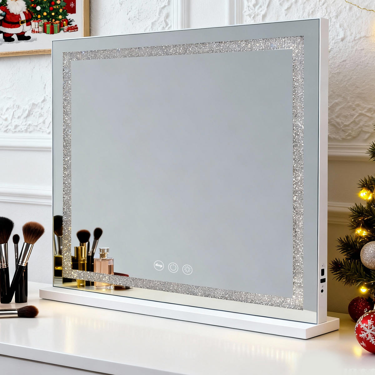 SCHMINKSPIEGEL mit Beleuchtung LED Lichtleiste gestreute Diamanten weiß 80/58 cm - Weiß, Metall (80/58/3cm) - VANITII