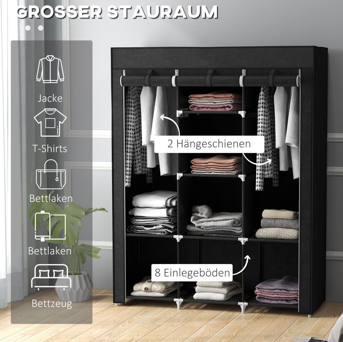 KLEIDERSCHRANK aus Stoff 125x43x162,5 cm Schwarz mit 2 Kleiderstangen und 8 Einlegeböden - Schwarz, Textil (125/162.5/43cm) - Modfu