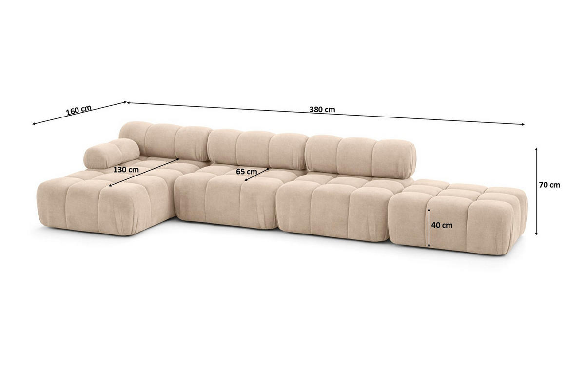 ECKSOFA L-Form XL, Stoff Velours Salvador, Beige, Links, Selia L XL - Beige, Holz (380/160cm) - Kaiser Möbel