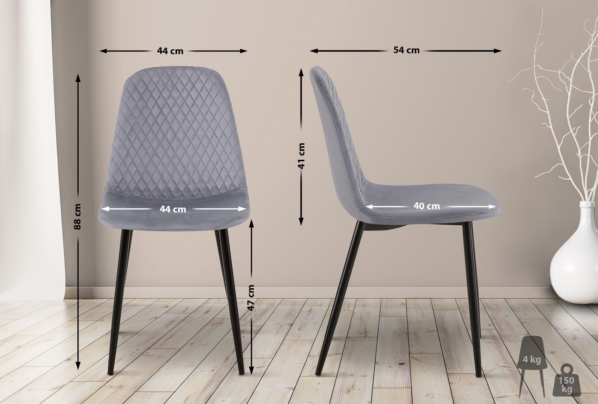 STUHL 4er Set Samt Grau - Schwarz/Grau, Textil/Metall (44/88/54cm) - CLP