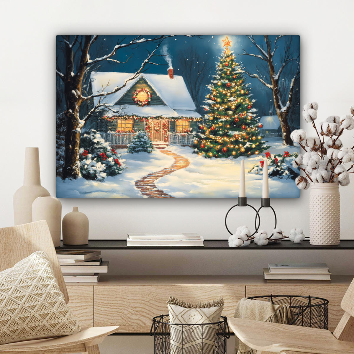 LEINWANDBILD Weihnachten - Weihnachtsbaum - Winter - Zuhause - Schnee Wanddeko 90x60 cm - Smaragdgrün, Textil (90/60cm) - MuchoWow