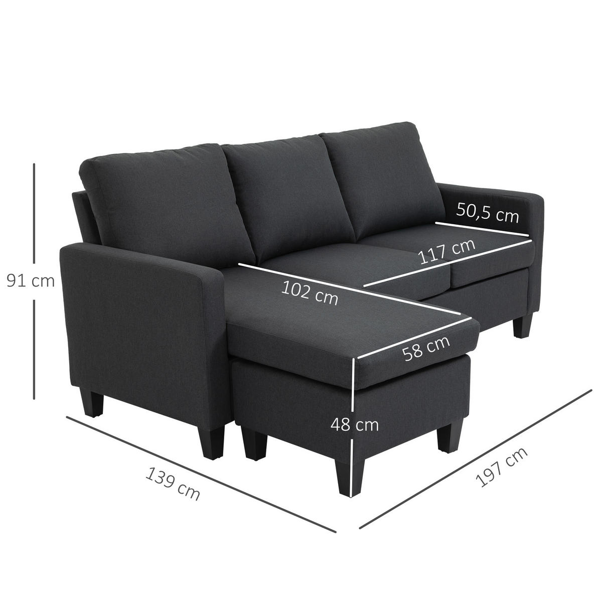 ECKSOFA L-Form Couchgarnitur mit wendbarer Chaiselongue Leinen - Dunkelgrau/Schwarz, Kunststoff/Textil (139/197cm) - HOMCOM