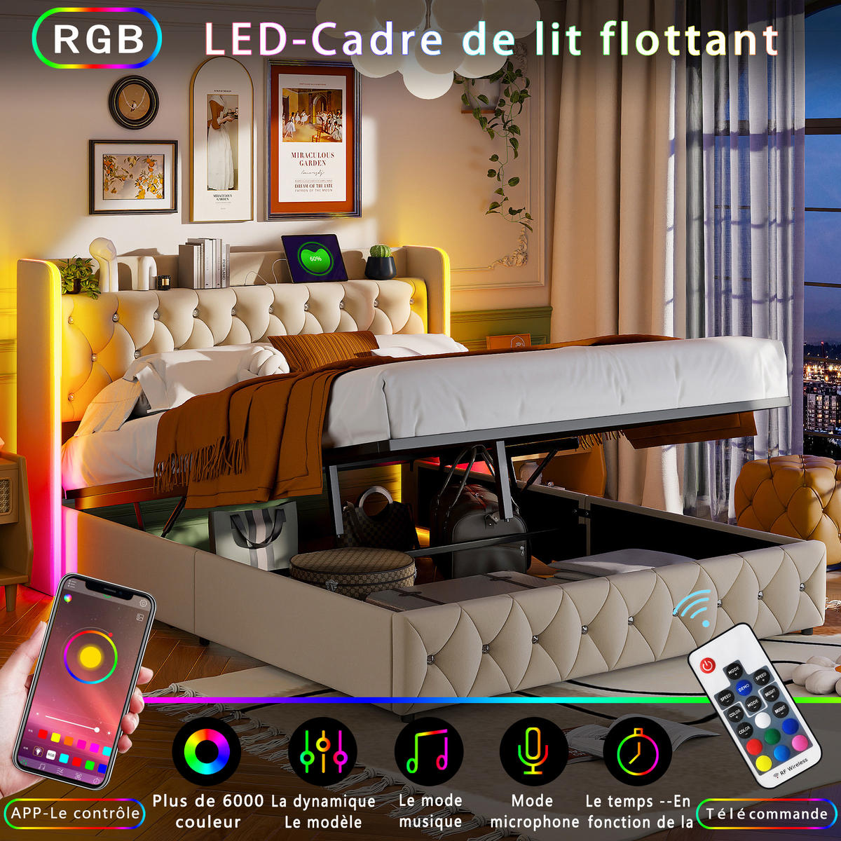 POLSTERBETT 160x200 cm LED USB C Stauraum Lattenrost Samt beige - Beige, Holz (160/200cm) - LEBENLANG