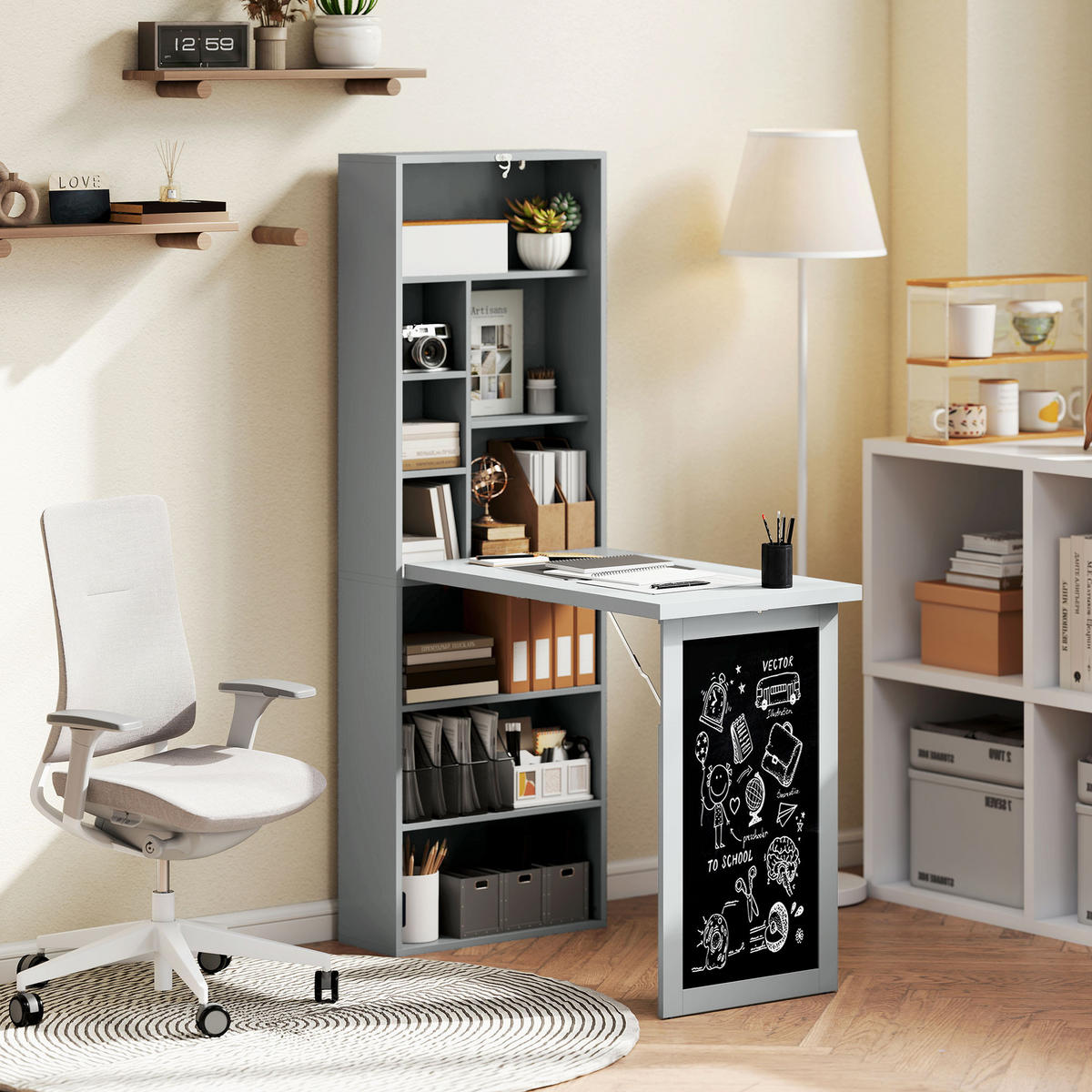 SCHREIBTISCH Holzoptik klappbar mit Regal und Tafel 98/51/153 cm - Grau, Holzwerkstoff (51/98/153cm) - PANGIVO