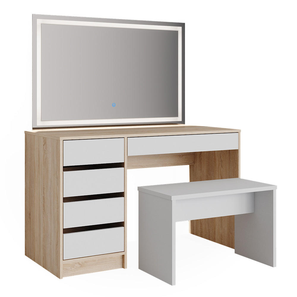 SCHMINKTISCH Sherry Weiß/Sonoma 120 cm mit LED Spiegel und Hocker - Weiß/Sonoma Eiche, Holzwerkstoff (55/75/120cm) - Vicco