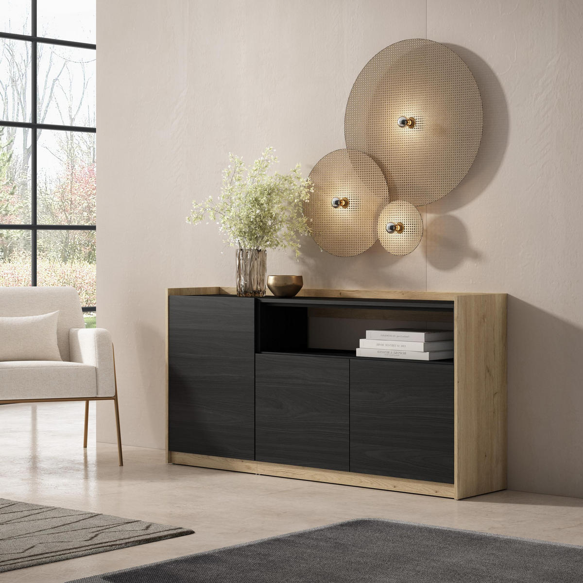 SIDEBOARD, Highboard, Schwarz Eiche, 156/37/80cm - Schwarz, Holzwerkstoff (156/80/37cm) - Skraut Home