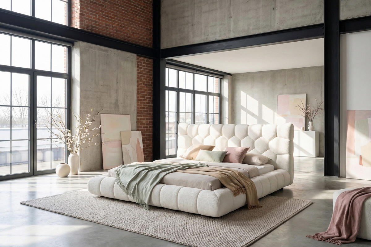 POLSTERBETT ATTICO Cremeweiß Bouclé - Creme, Textil (180/200cm) - KAWOLA