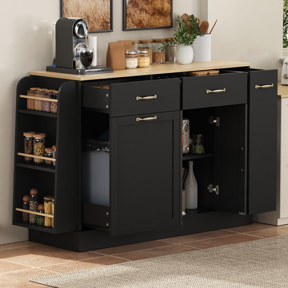 KÜCHENINSEL 133,5×40×86 cm aus MDF mit hellholzfarbener Platte & integriertem Mülleimerfach, schwarz - Schwarz, Holzwerkstoff (40/86/133.5cm) - Luhomfu