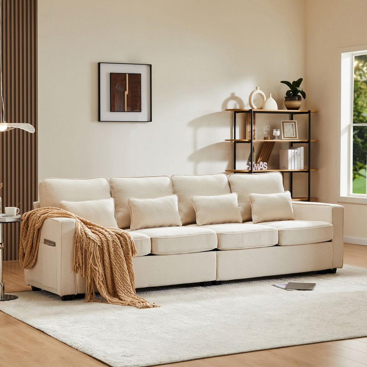 VIERSITZER-SOFA in Beige Leinen mit 4 Kissen - Beige, Textil (83/87/264cm) - KOMHTOM