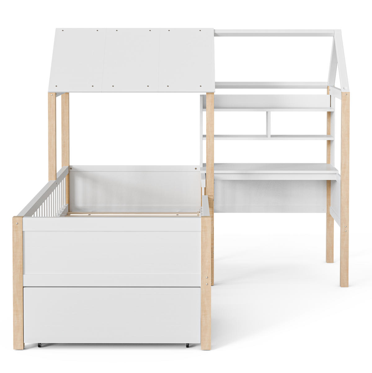 KINDERBETT aus Massivholz 90x200 cm Weiß mit Schreibtisch, Regal, Schubladen und Rausfallschutz - Weiß, Holzwerkstoff (90/200cm) - IVMEU