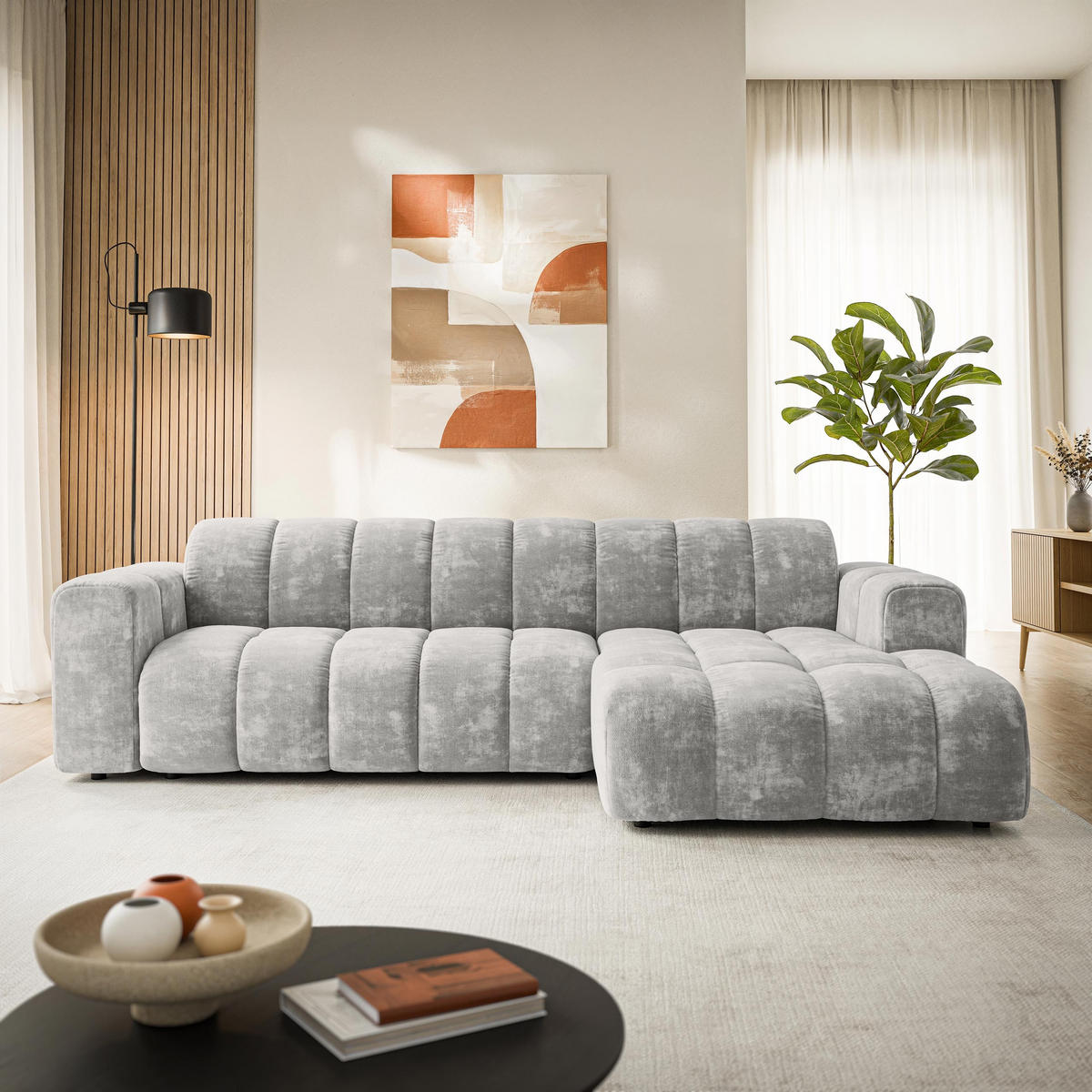 ROHOVÁ Sedačka SETIA LUMO 65, Světle šedá - černá/světle šedá, dřevo/textil (304/165cm) - MASSENO