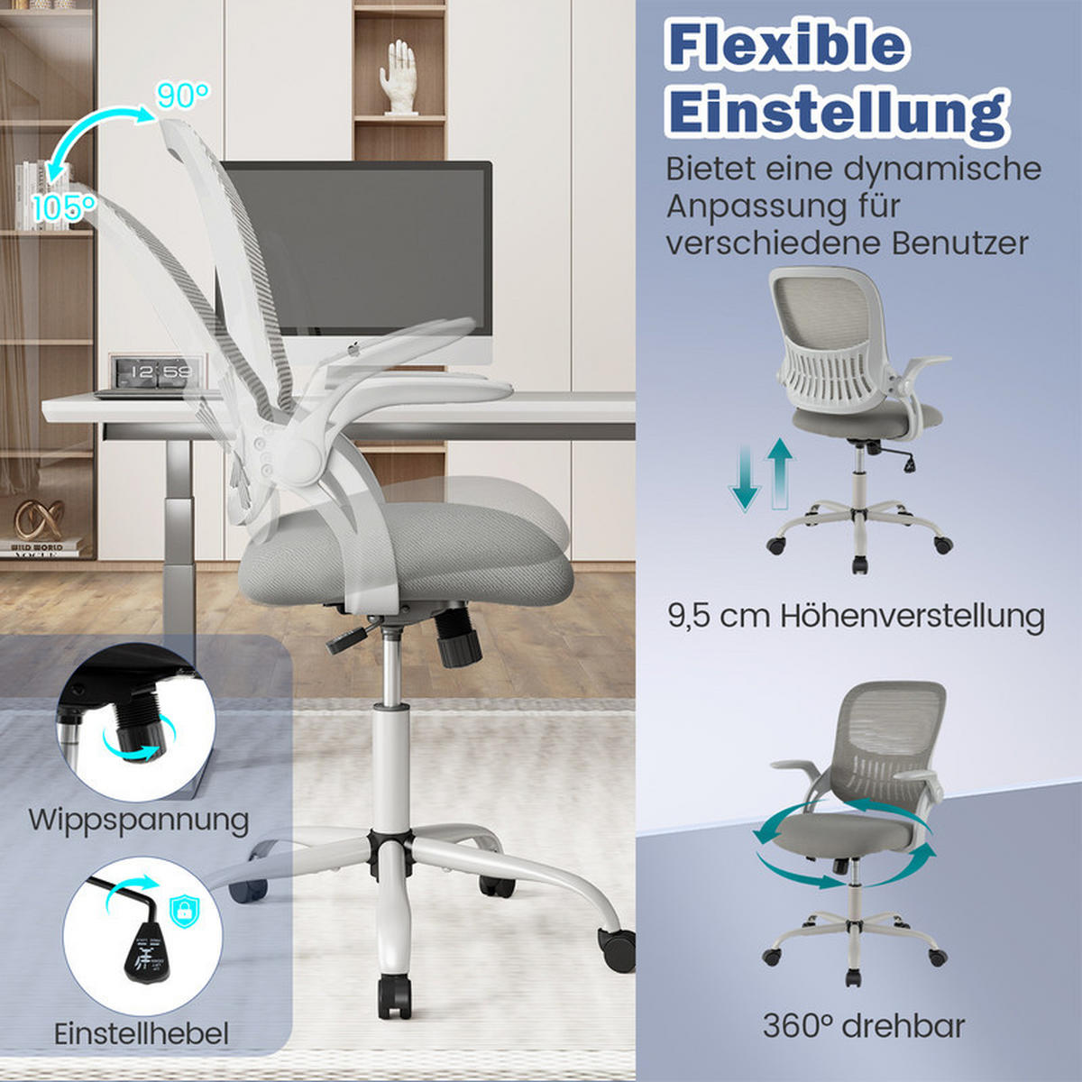 BÜROSTUHL mit klappbaren Armlehnen und Wippfunktion grau - Grau, Metall (63.5/97/58cm) - COSTWAY