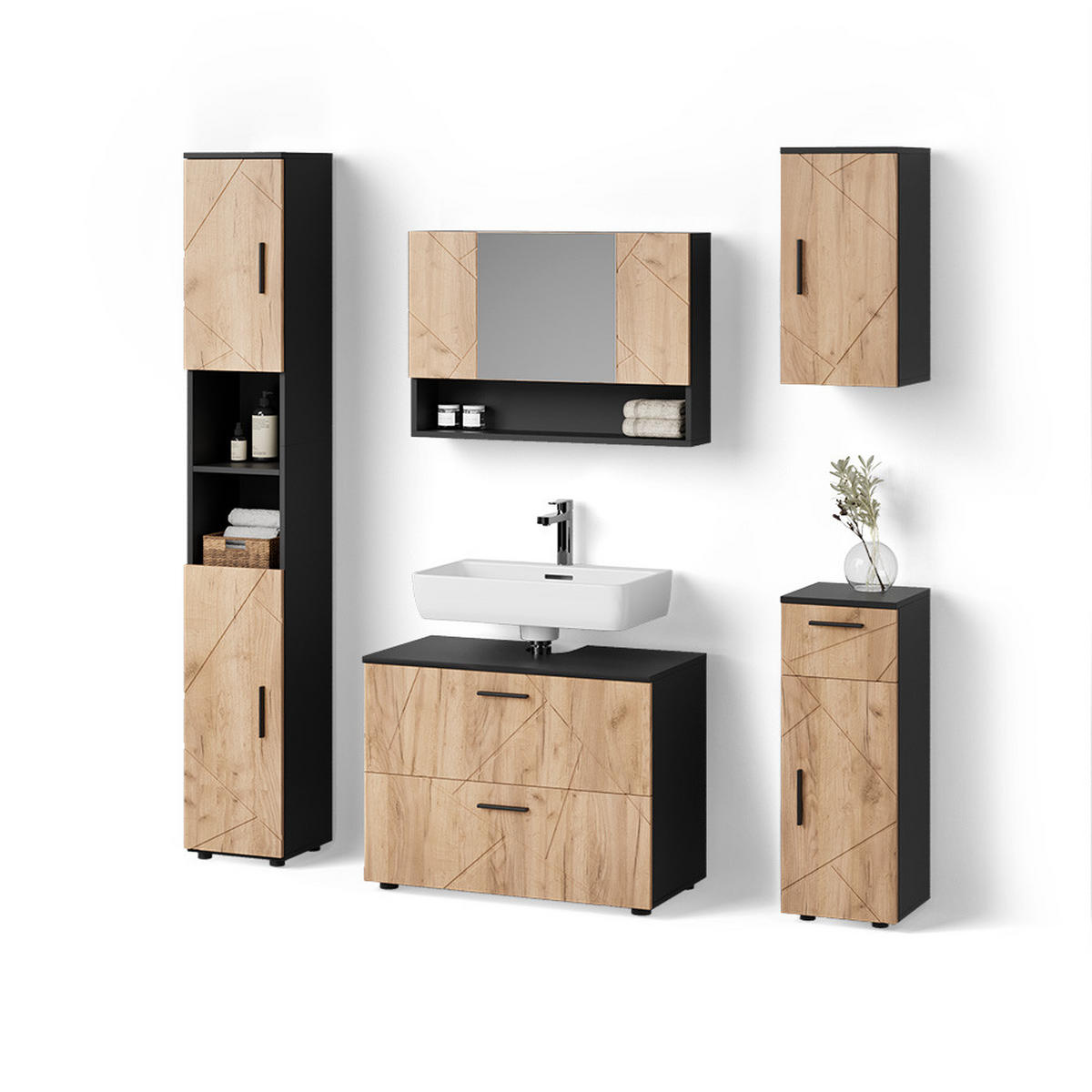 BADMÖBEL-SET Ronco Goldkraft Eiche/Anthrazit 5 Teile - Anthrazit/Eiche Wotan, Holzwerkstoff (41/80/58cm) - Livinity®