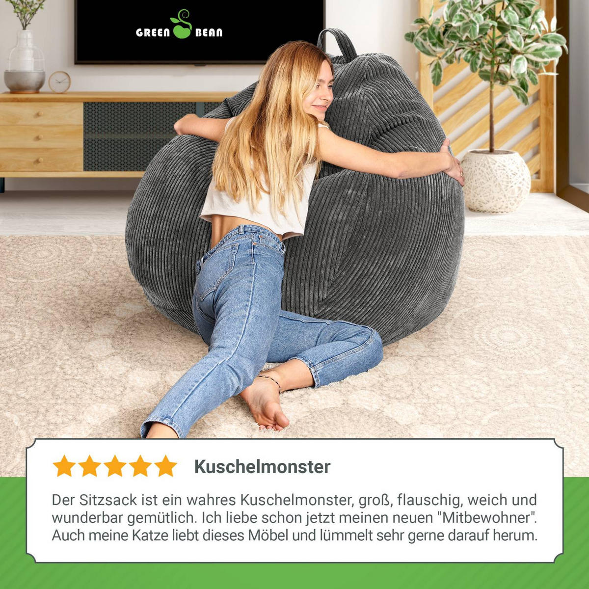 SITZSACK Indoor "Scoop" 90x110cm - Cord - Anthrazit, Textil (90/110/90cm) - Green Bean