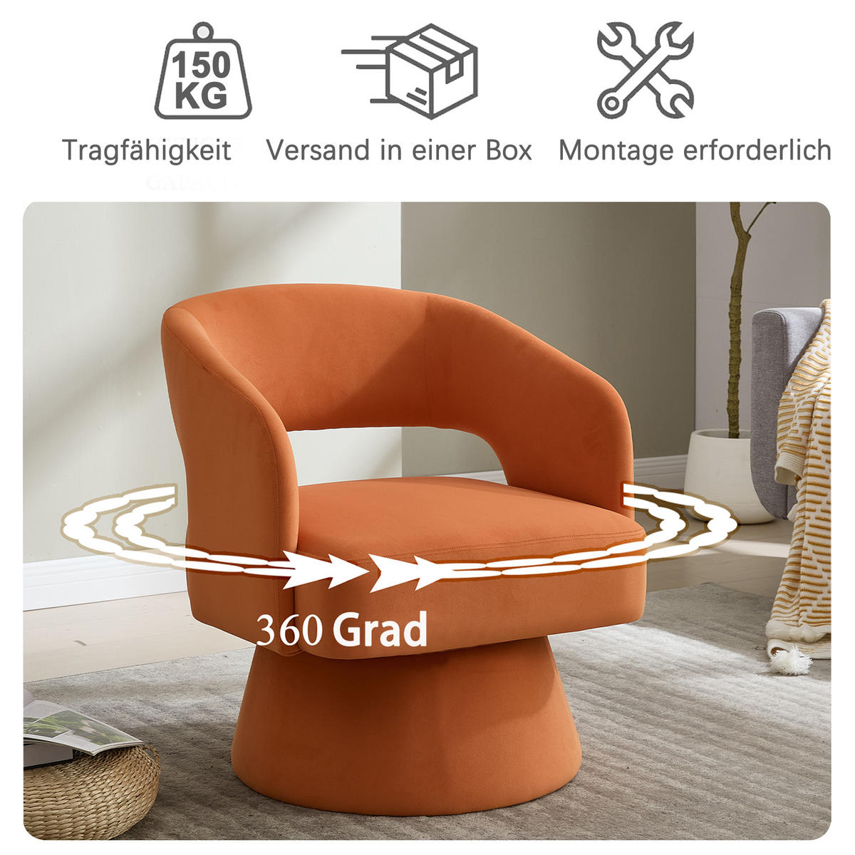 SESSEL Chenille Orange drehbar - Orange, Holzwerkstoff/Textil (68/75/66cm) - WISHDOR