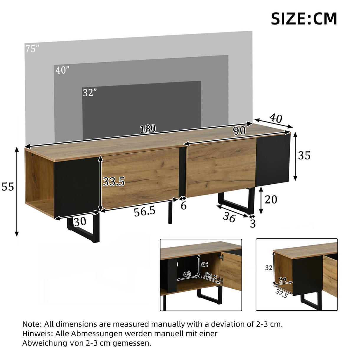 TV-ELEMENT mit 2 Türen 180 x 40 x 55 cm Holzoptik Schwarz - Braun, Holzwerkstoff (40/55/180cm) - Beauniv