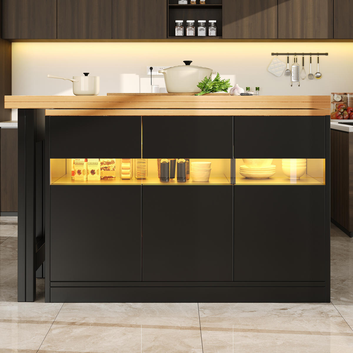 BARTISCH 360° Drehbar 120-180cm LED Stauraum - Schwarz, Holzwerkstoff (40/120/75.8cm) - FLIEKS