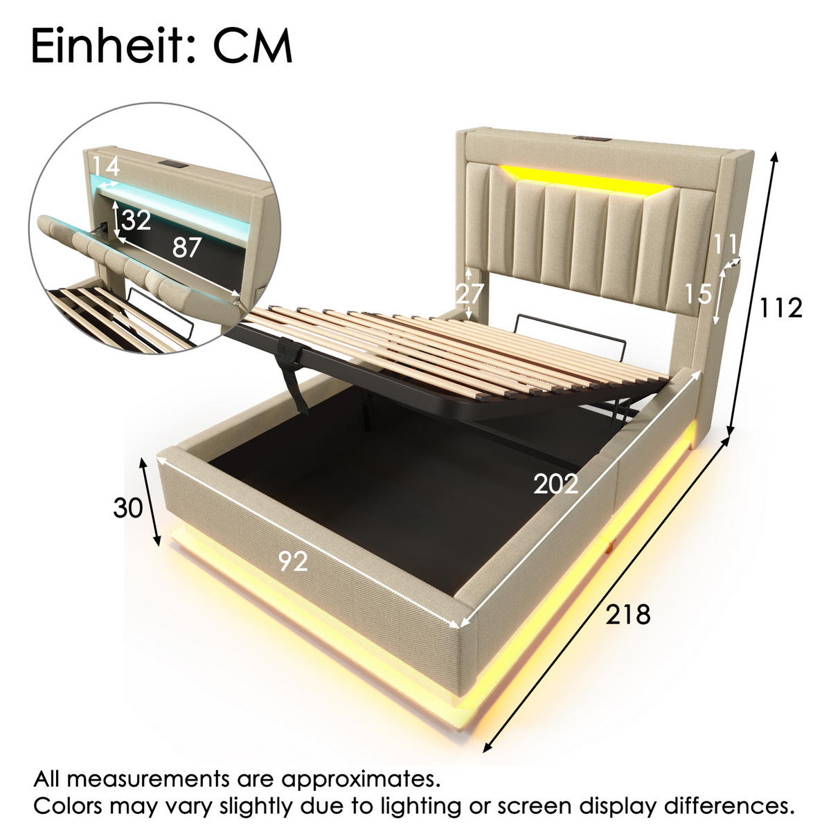 POLSTERBETT 90/200 cm Beige aus Leinen mit Matratze und LED-Beleuchtung - Beige, Textil (90/200cm) - OKMYHOME