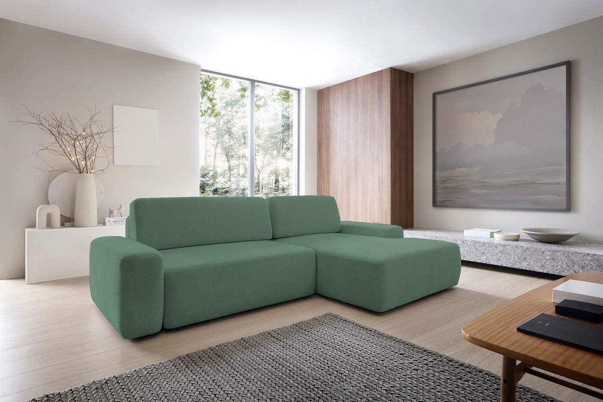 ECKSOFA BOULI 4-Sitzer Polstersofa Raven mit Schlaffunktion 130x210 cm Bettzeugablage 264x162x82 cm rechte, Farbe: Grün​ - Grün, Holz/Textil (264/162cm) - DomoHome