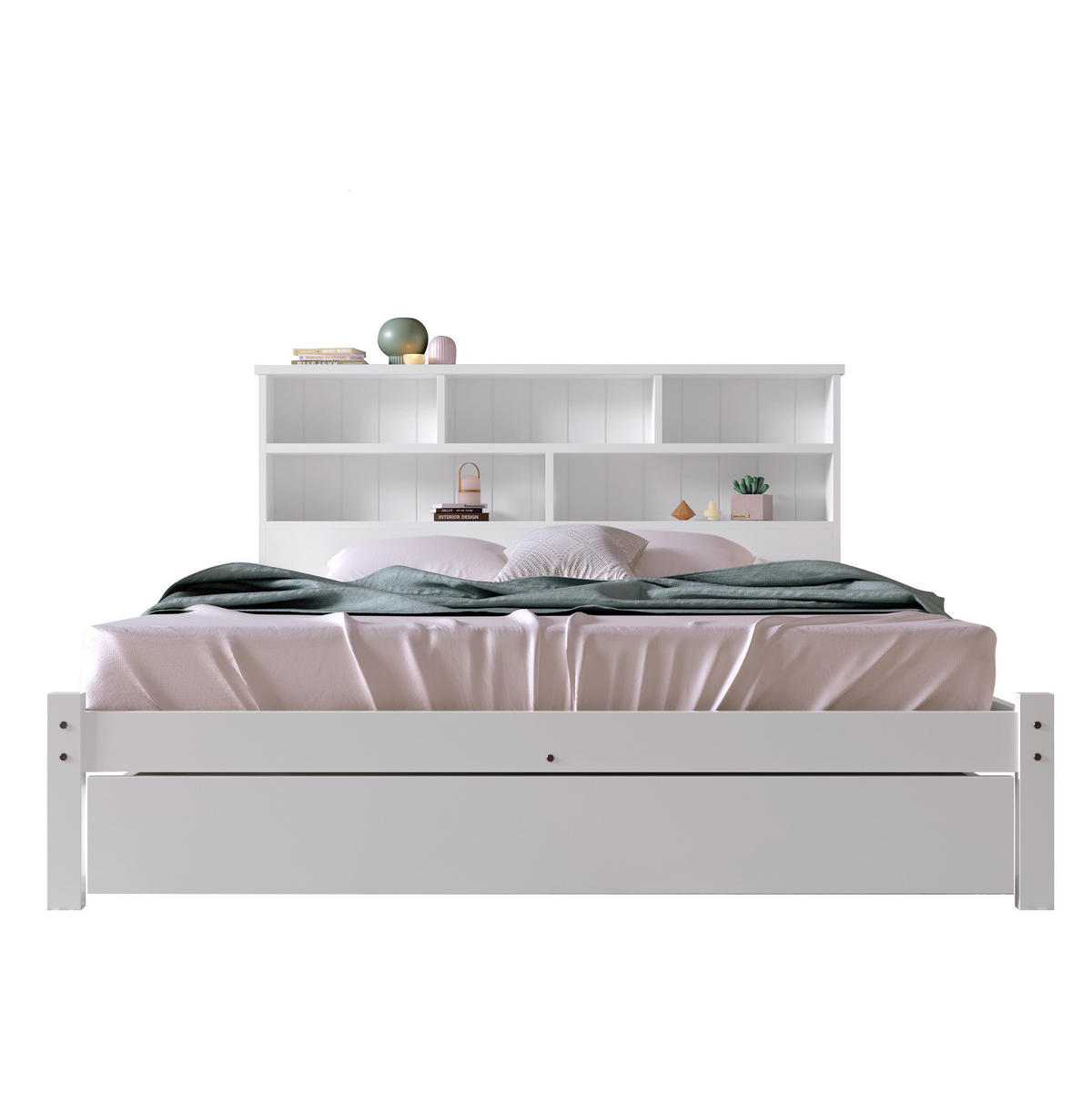 DOPPELBETT 140/200 cm Weiß mit Schubladen und Bücherregal-Design - Weiß, Holz (140/200cm) - OKWISH