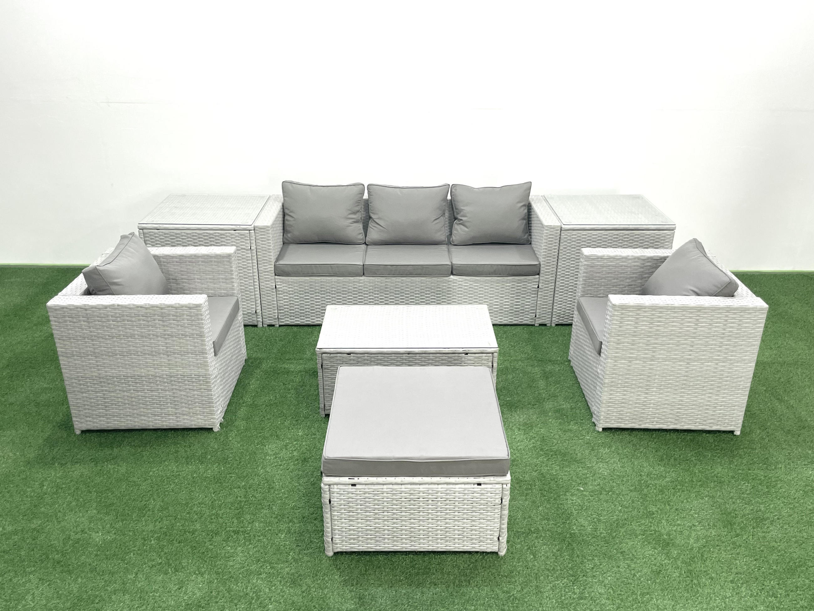 GARTENMÖBELSET mit 3-SITZER SOFA,COUCHTISCH Polyrattan Hellgrau-Mix 6-Sitzer - Hellgrau/Grau, Glas/Kunststoff - Fimous