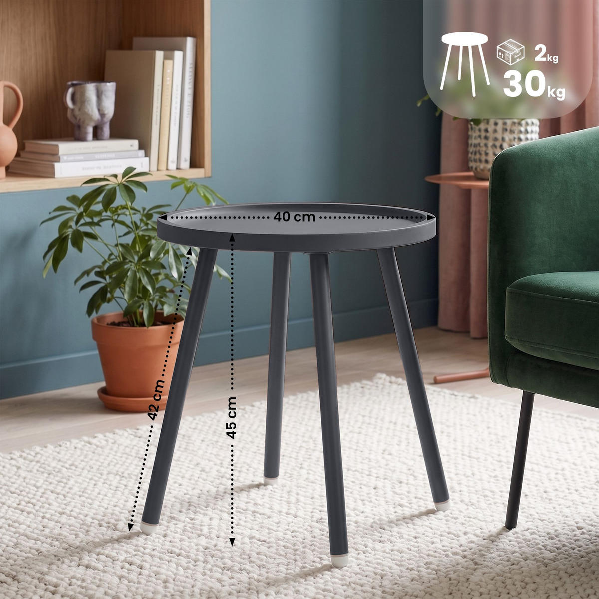 BEISTELLTISCH rund 40 cm Kunststoff Anthrazit - Anthrazit, Kunststoff/Metall (40/40/45cm) - CLP