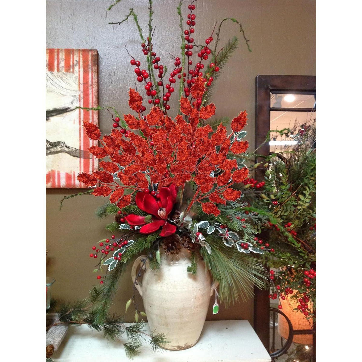 KUNSTZWEIG 6-teiliges Set Glitzernde Eichenblätter Rot 58 cm - Rot, Kunststoff (8cm)