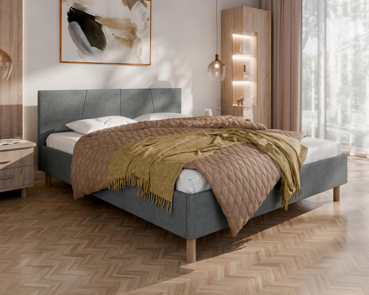 POLSTERBETT ALMORE 160x200cm Elegantes Polsterbett für modernen Wohnstil , Taschenfederkernmatratze mit kokos KORNOS (20cm), grau - Grau, Holz - Homesy