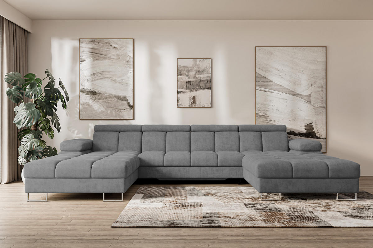 WOHNLANDSCHAFT mit Schlaffunktion und Bettkasten COMA U2 345x203x79 Grau Velours - Grau, Holzwerkstoff/Textil (345/79/203cm) - ALTDECOR