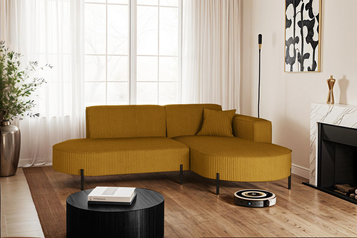 ECKSOFA L-Form Designer Modena Rein stoff Cord Senffarbe Rechts - Gelb, Holzwerkstoff (236/165cm) - Kaiser Möbel