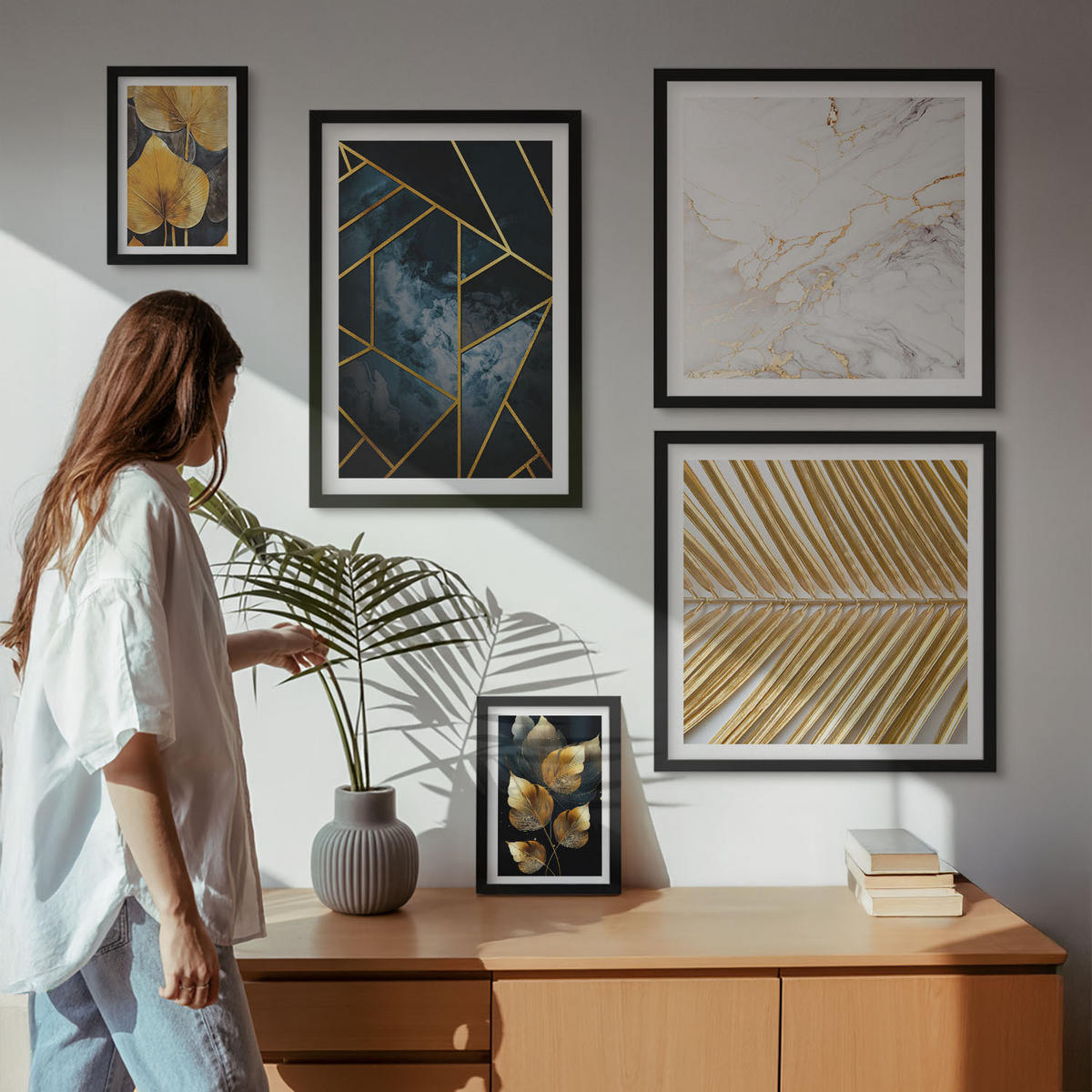 BILDER SET 5er Set - 50x50 cm & 20x30 cm & 40x60 cm Schwarzer Rahmen - Moderne Pflanzenmuster - Schwarz, Kunststoff (40/60cm) - TULUP