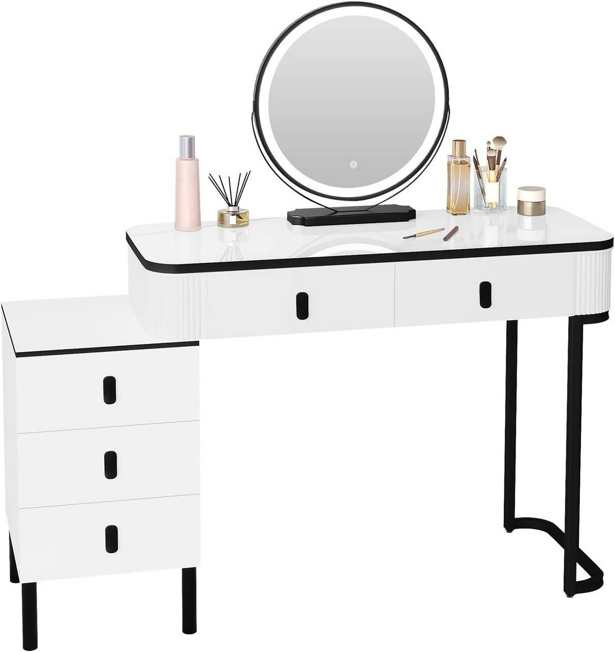 SCHMINKTISCH mit LED, Spiegel, 5 Schubladen, Seitenschrank, Weiß - Schwarz/Weiß, Holzwerkstoff/Metall (100/126/40cm) - Woltu