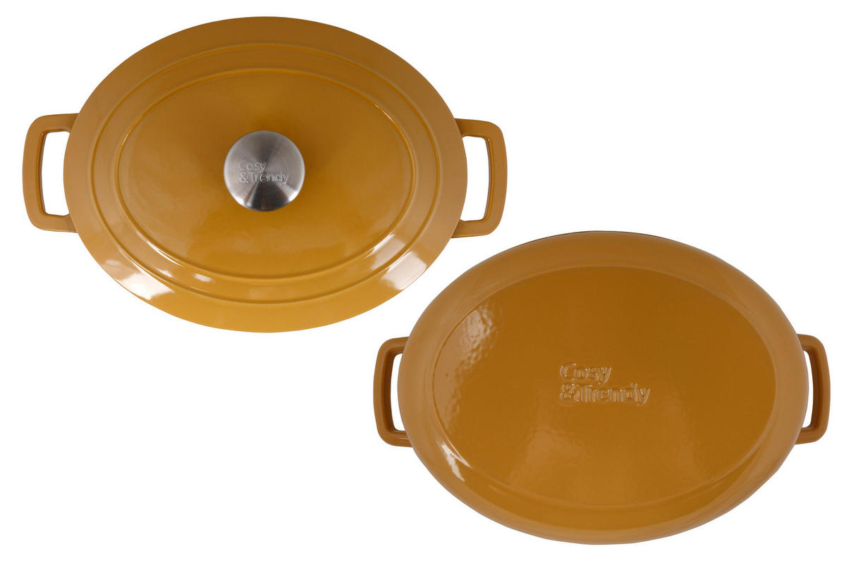 KASSEROLLE Fontestic Schmortopf aus Gusseisen, Bernstein-Gold, oval – 31 x 24 cm – emailliert - Gelb, Keramik (31/24/12cm) - Cosy & Trendy
