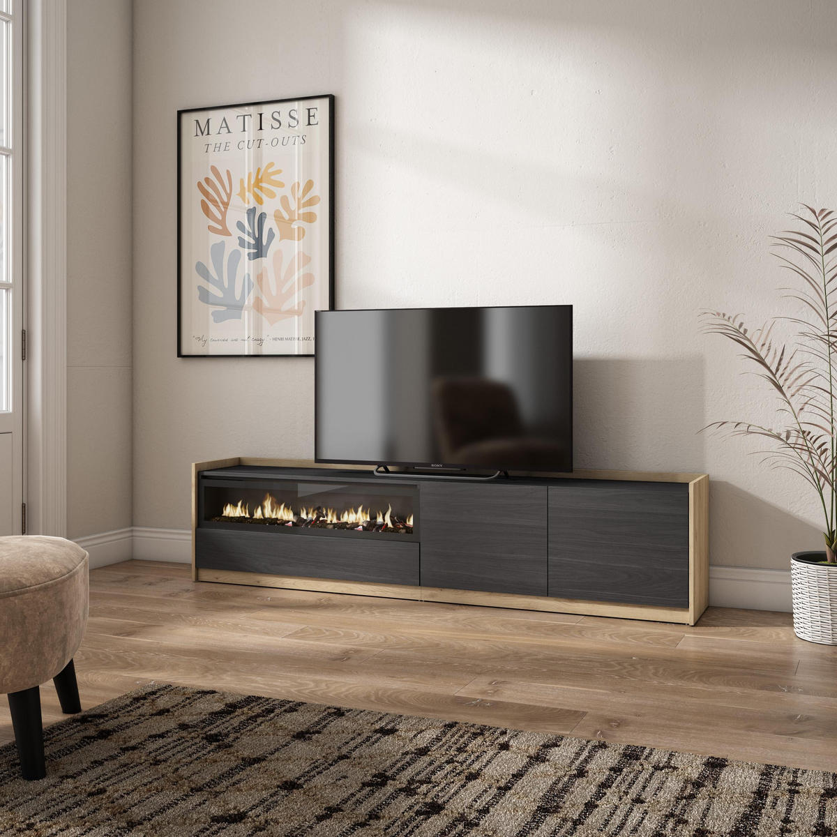 TV-SCHRANK, Lowboard, Schwarz Eiche, Elektrokamin, 207/37/50cm - Schwarz, Holzwerkstoff (207/50/37cm) - Skraut Home