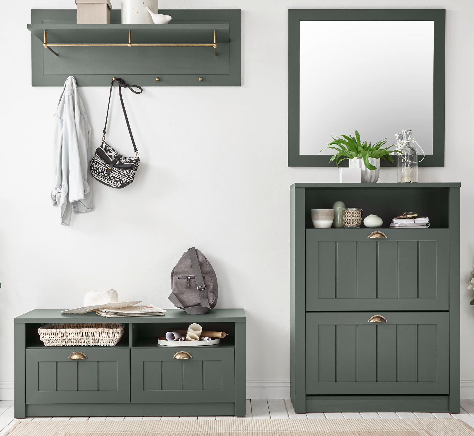 GARDEROBENKOMBINATION grün, Landhausstil, Garderobe Set 4-teilig 212 x 198 cm - Dunkelgrün/Goldfarben, Holzwerkstoff/Kunststoff (213/198/43cm) - Furn.Design