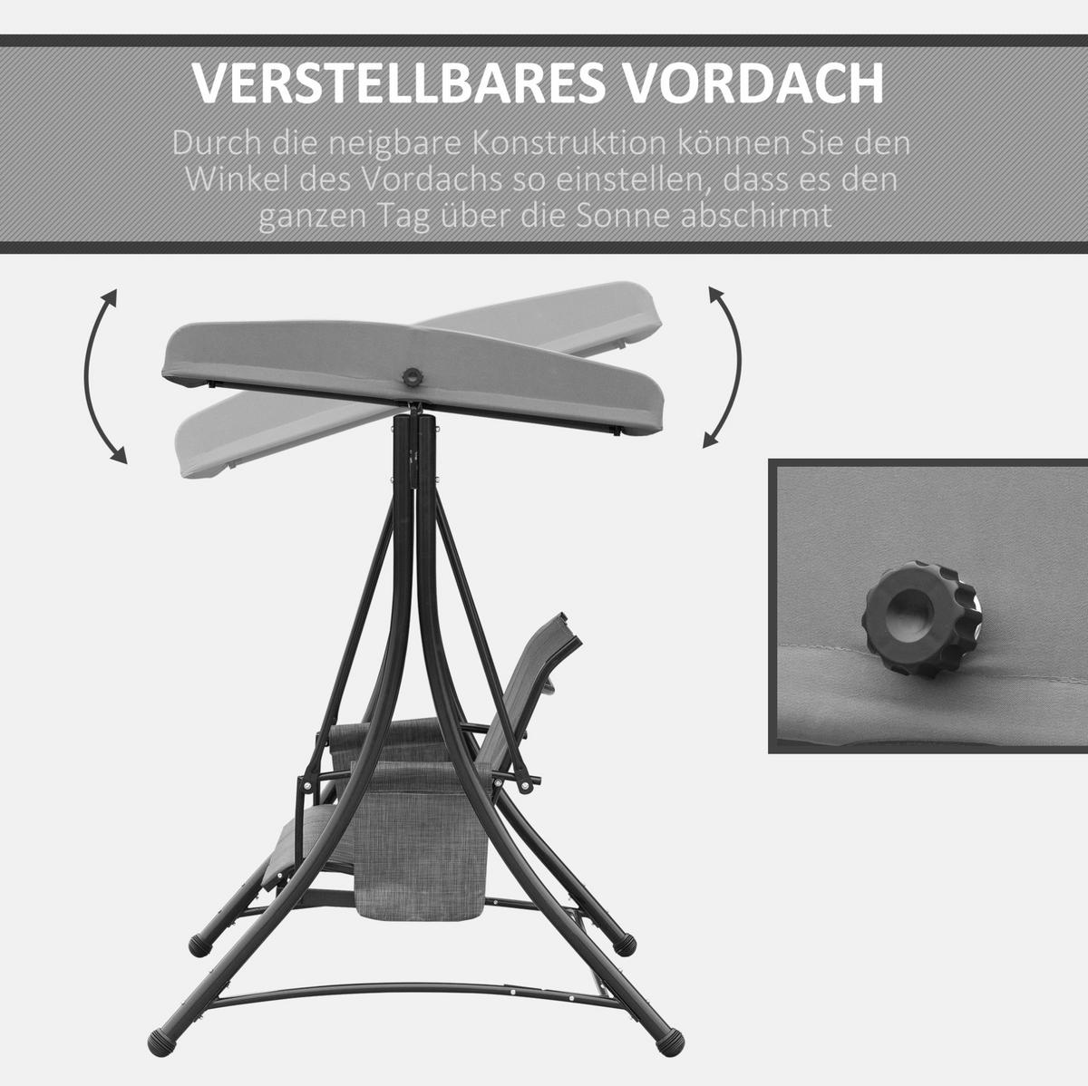 3-SITZER Hollywoodschaukel aus Metall 196 x 128 x 172 cm in Dunkelgrau mit Sonnendach - Dunkelgrau, Metall (196/172/128cm) - Modfu